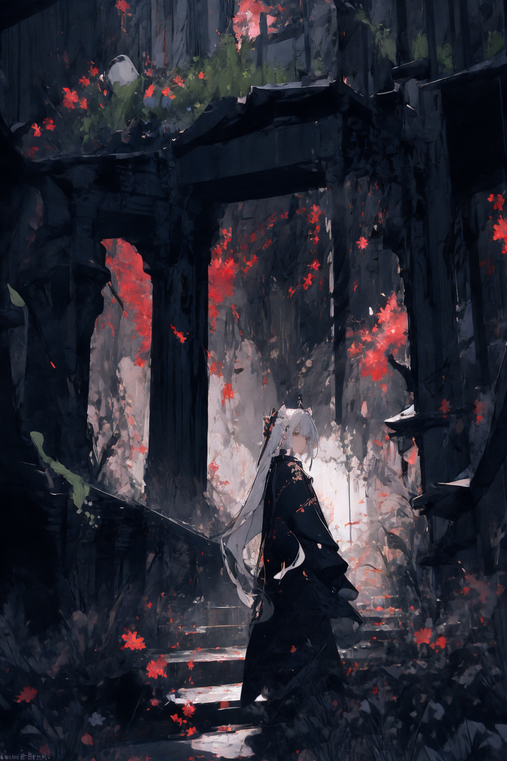 16850-1100440277-(masterpiece_1.2), best quality,realistic,Tyndall effect,_1girl, scenery, solo, stairs, long hair, ruins, standing, from behind,.png